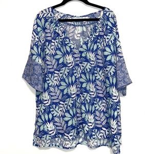 Sigrid Olsen M Blue 100% Linen Split Neck short Sleeve Pullover Blouse